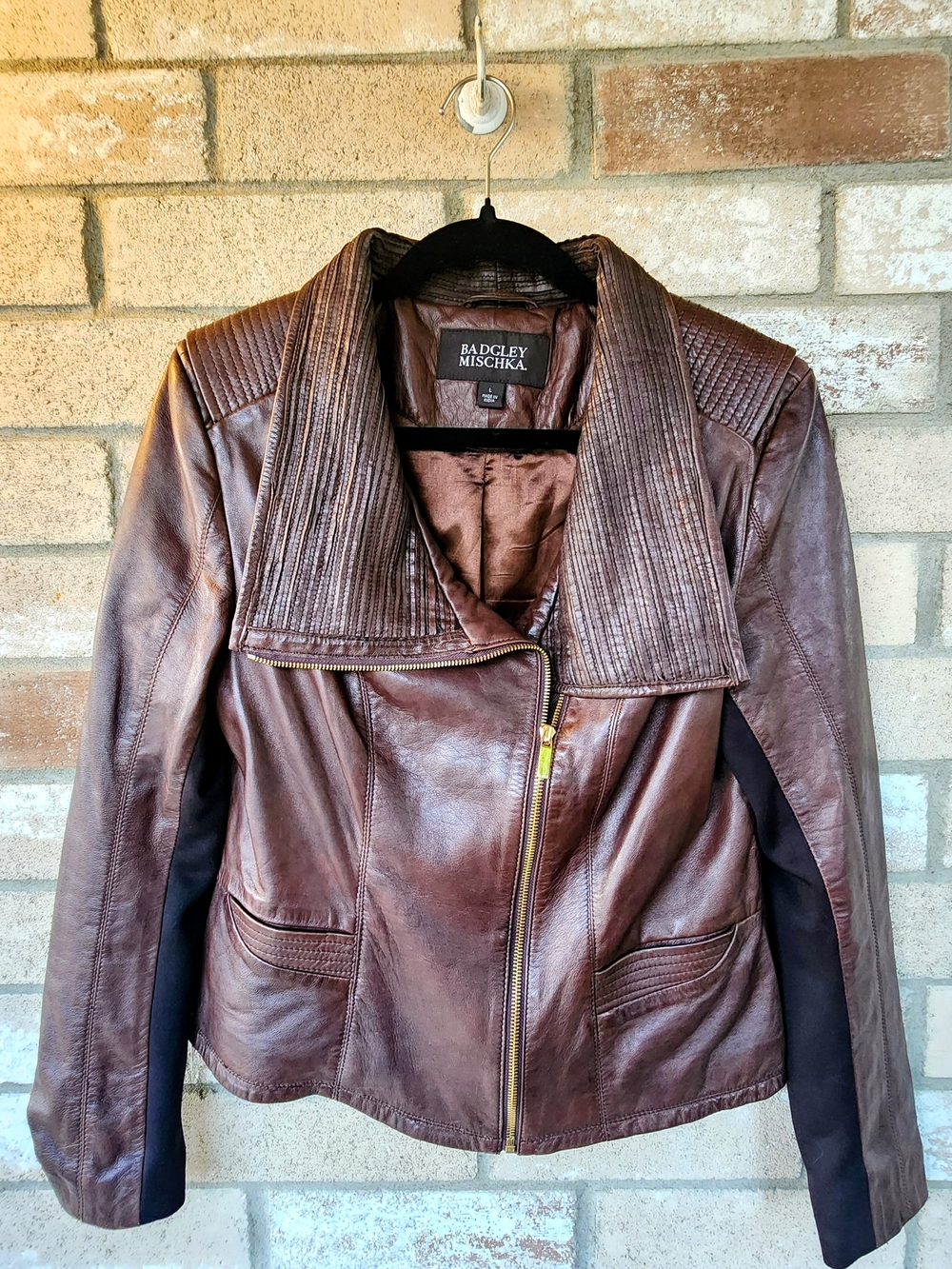 Badgley Mischka Brown Leather Moto Jacket Asymmetric Zip Knit Panel Size Large